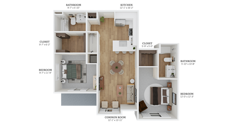 Floor plan for 2 beds, 2 baths, 1063 sqft